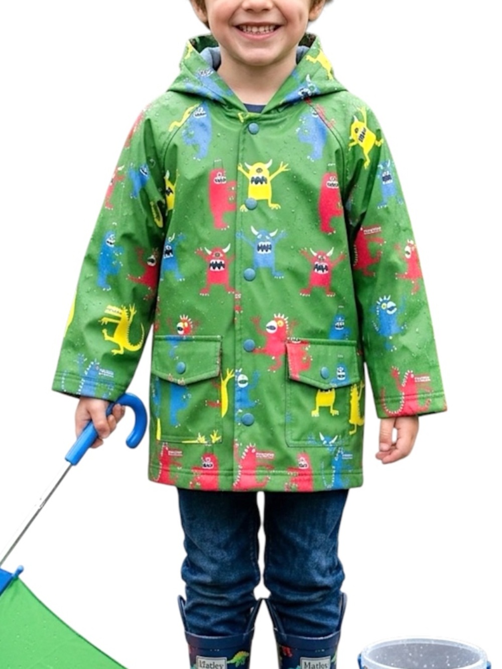 Hatley green monster print Terry lined hooded boys raincoat 6